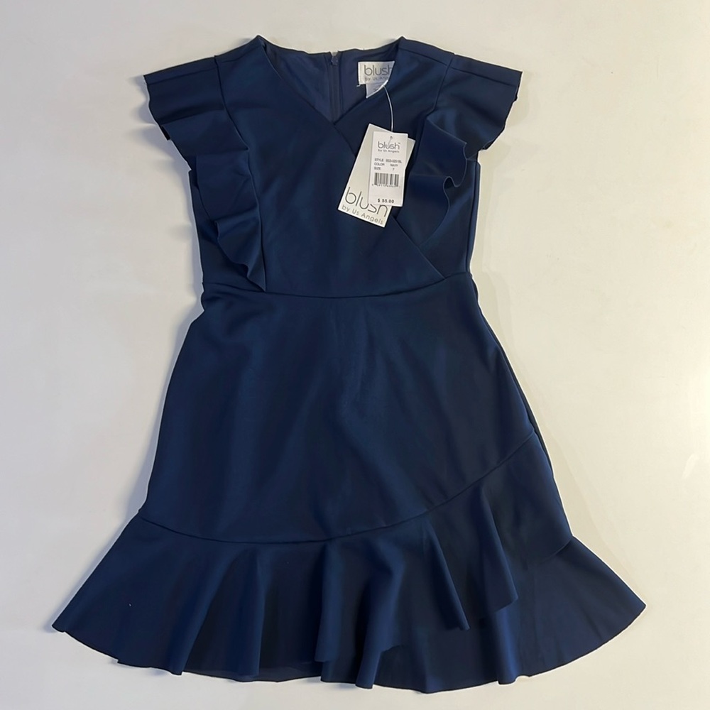 This beautiful Blush by US Angels Scuba Crepe Faux Wrap Dress in Navy